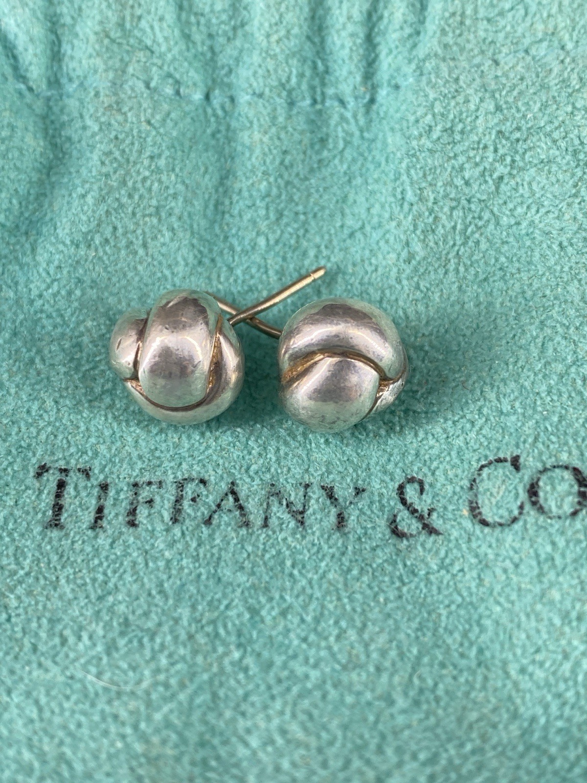 Tiffany & Co 925 Sterling Silver Twist Knot Love Ball Stud Earrings w/ Pouch