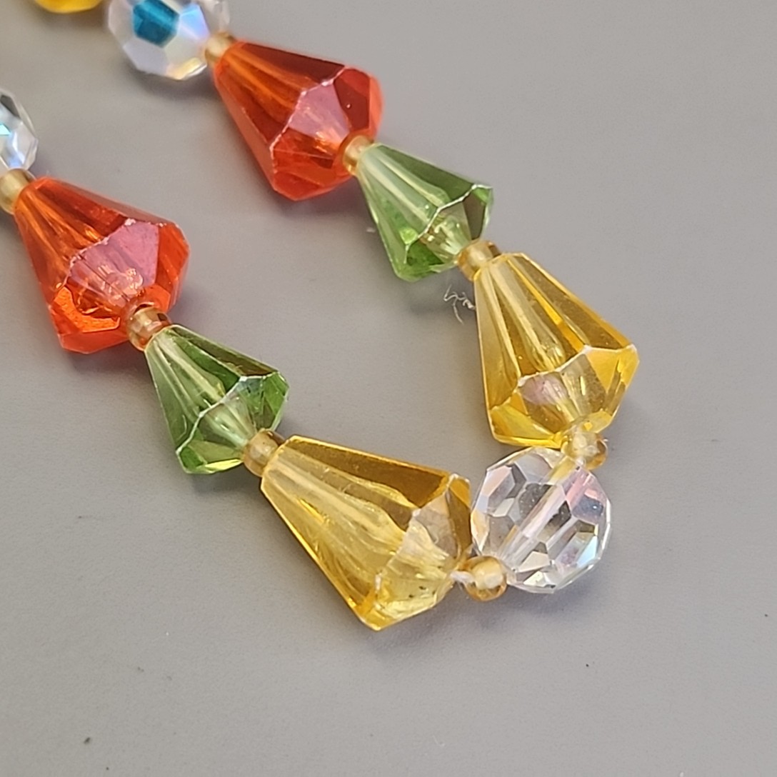 Vintage Plastic Beaded Necklace West Germany Orange Green Yellow AB Glass 20″