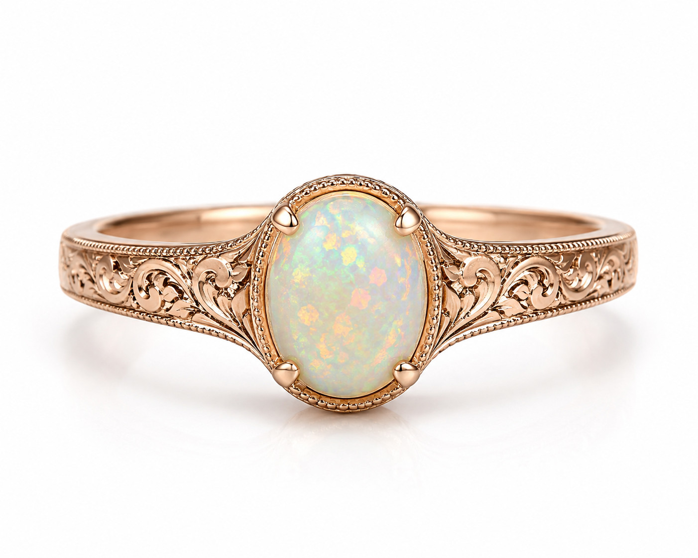 Vintage Ethiopian Opal Ring Engraved Band White Opal Ring Antique Style Women