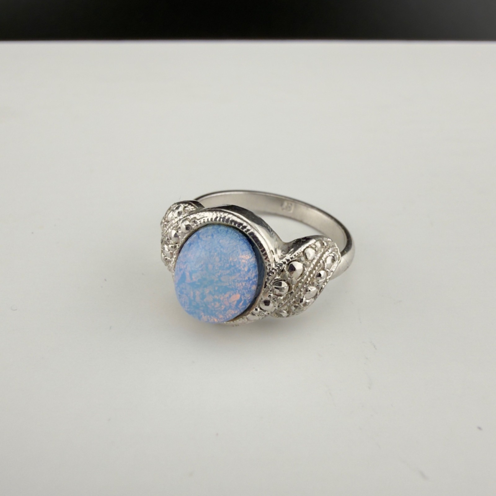 Vintage Silver Tone Faux Marcasite Blue Lab Opal Ring Size 7