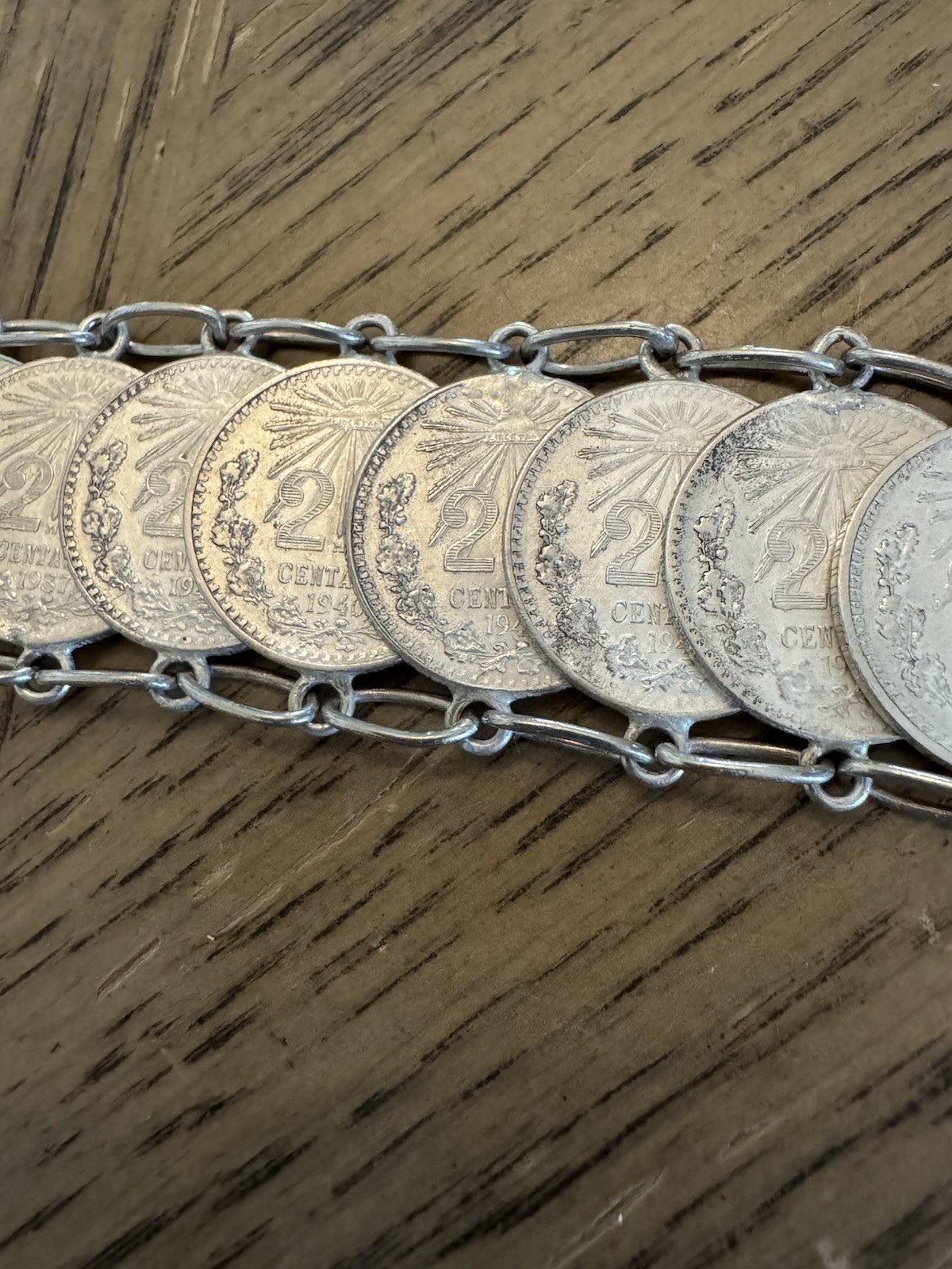 Vintage Mexican 20 Centavos Coin Bar Link Chain Bracelet ~ Silver ~ 7 in