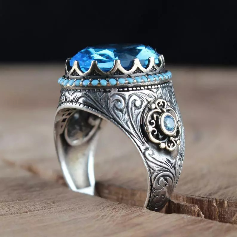 Beautiful Transparent London Blue Topaz With Blue Opal Magnificent Men’s Ring