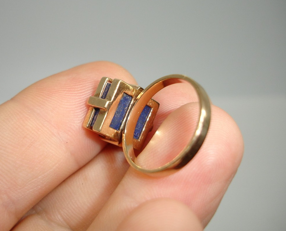 14K Gold Lapis Lazuli Signet Statement Ring Mid Century Deco two-tiered square 7
