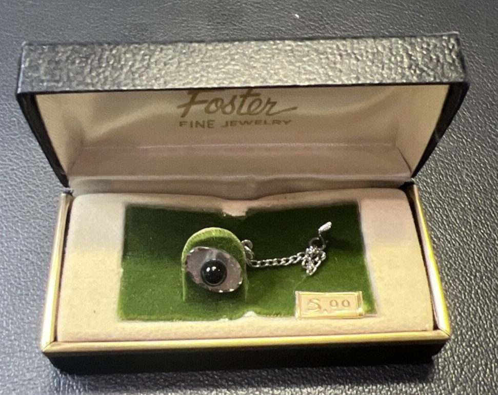 Vintage Foster 5mm Round Black Onyx Oval Silver Tone Tie Tack Pin with Chain