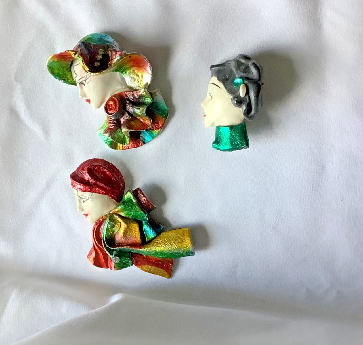 3 Vtg Art Deco Style Lady Face Vogue Brooch Pin Head Rainbow Foil Resin B113