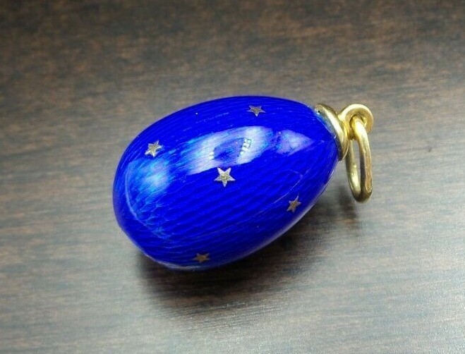 Soviet Era Russian 960 Silver & 18K Gold Blue Guilloche Enamel Egg Pendant