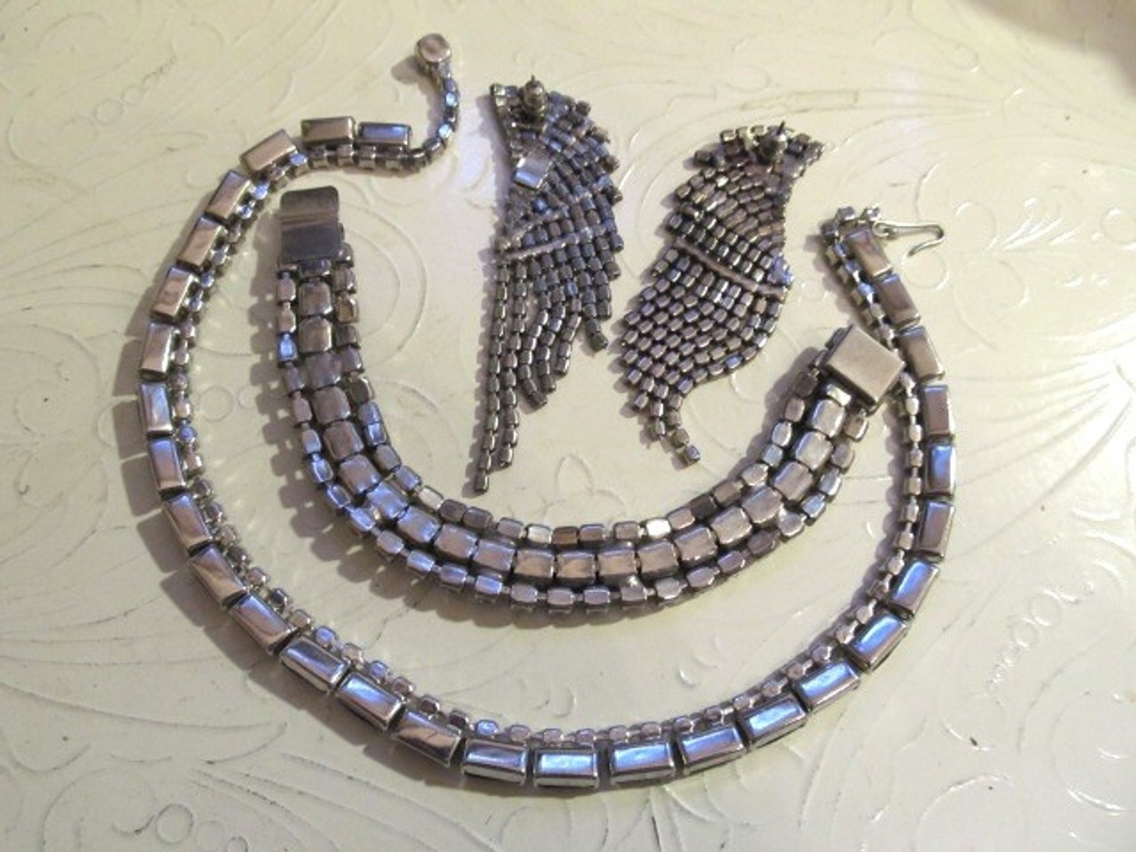 Vintage Jet Black & Clear Rhinestone Necklace Bracelet & Pierced Earrings SET