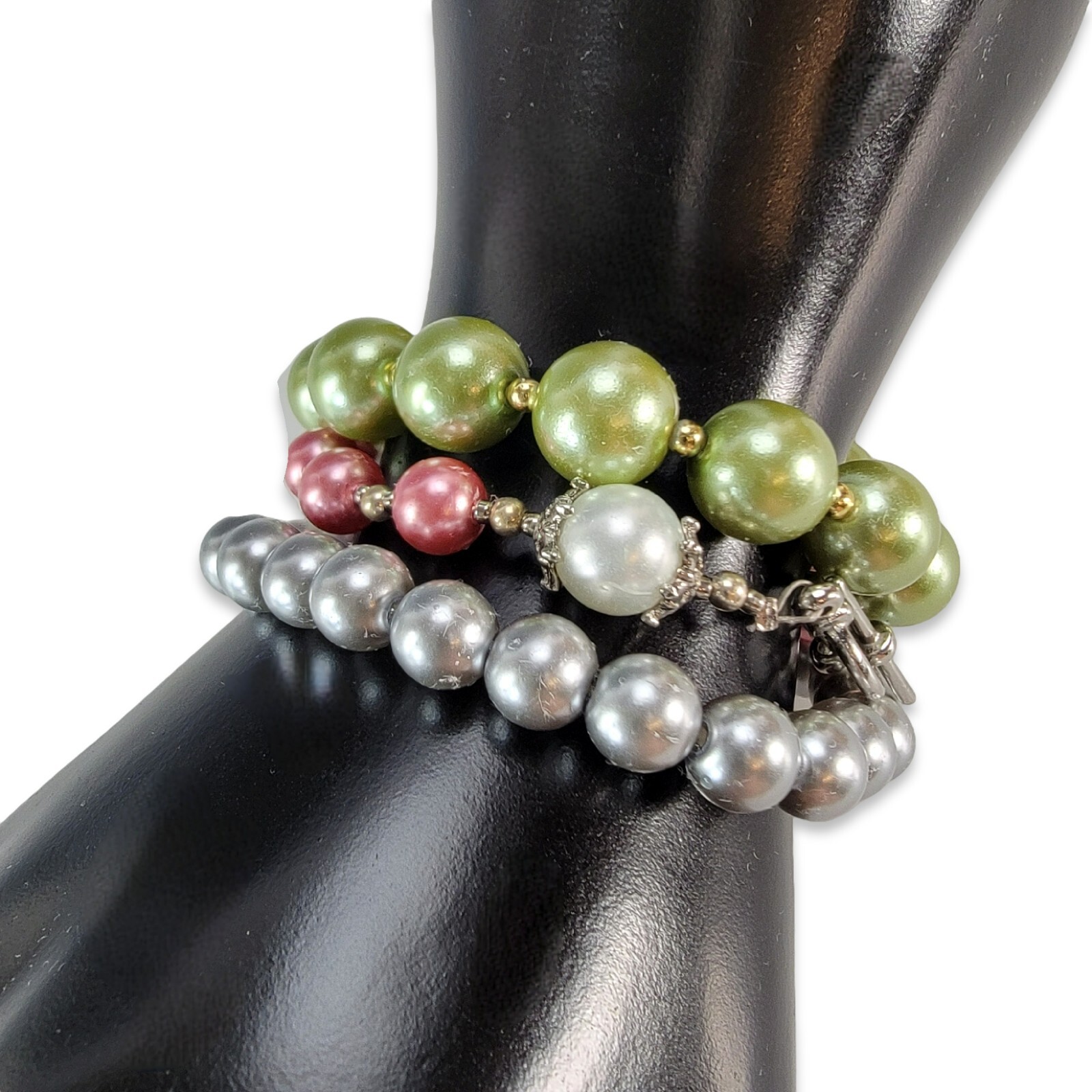 Vintage Pastel Faux Pearl Bracelets Gray Green Pink Jewelry Set of (3) 7.25″