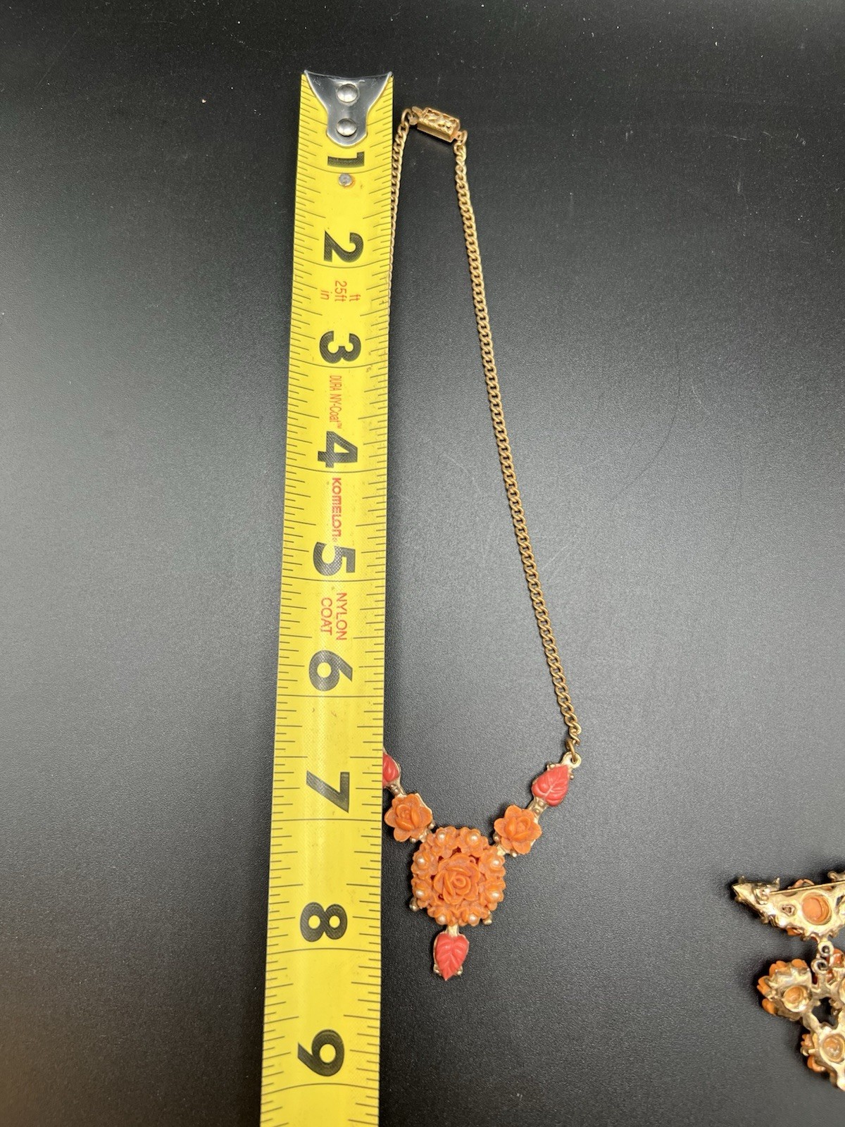 Art Deco Molded/Carved Peach Pink Floral Necklace & Matching Brooch