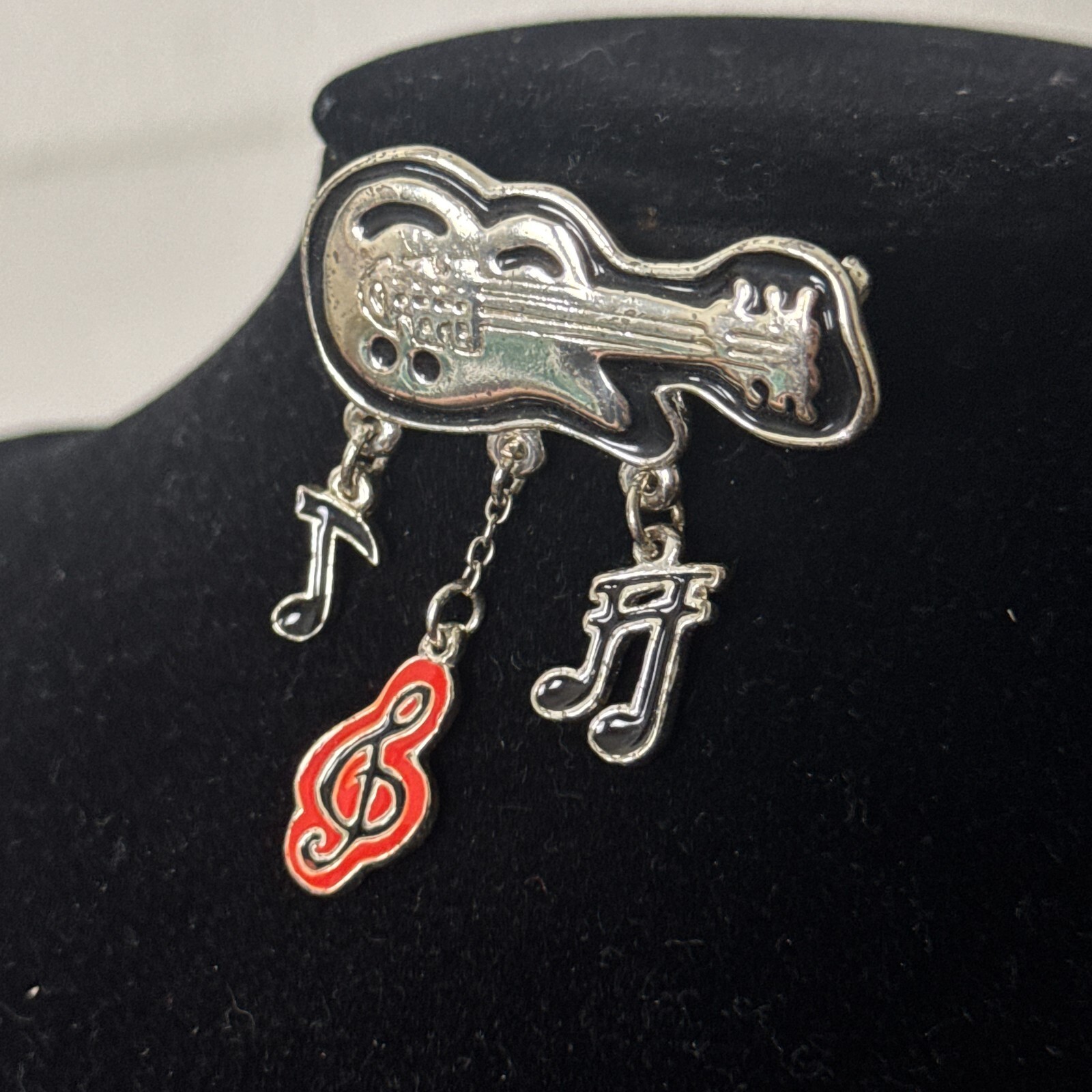 Vintage Silver-Tone Musical Guitar Pin Brooch Enamel Dangle Notes Statement