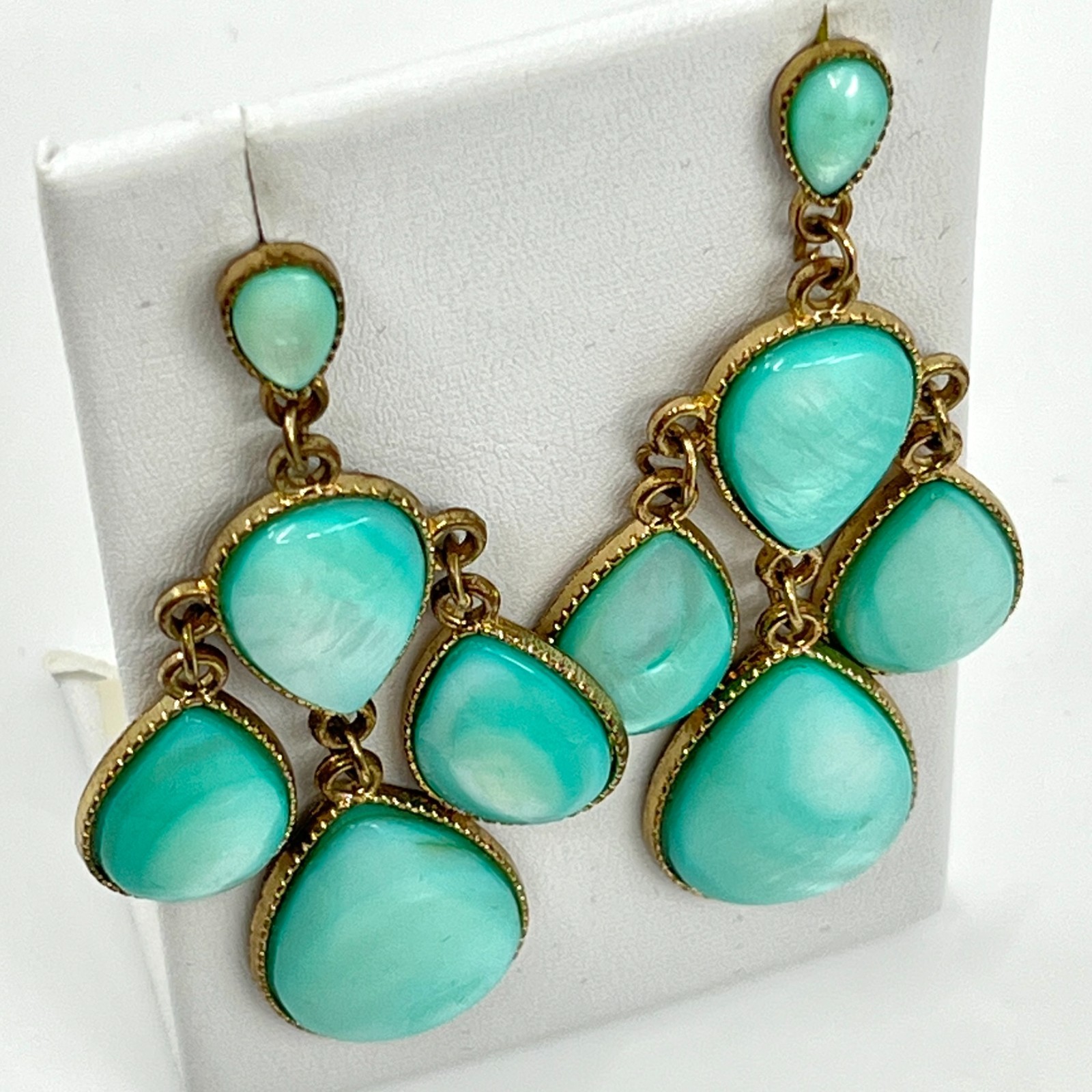 Vintage Boho Gold Tone Teal Faux MoP Teardrop Chandelier Blue Dangle Earrings