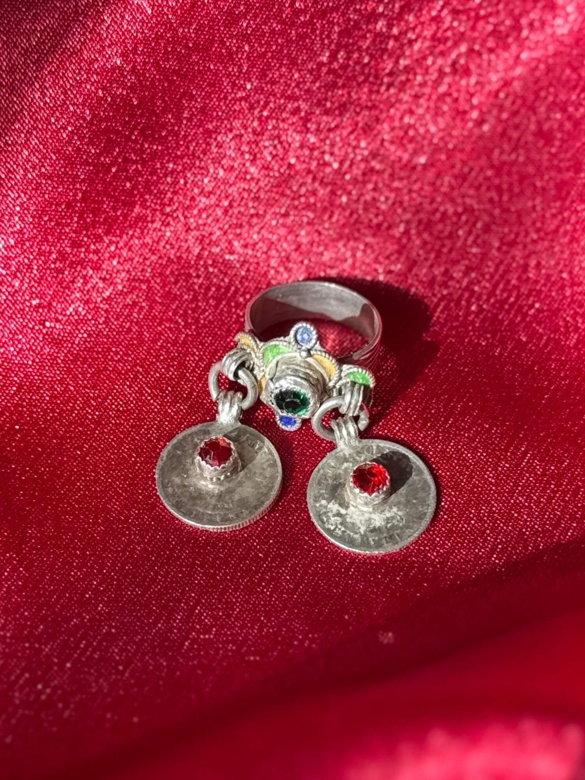 Vintage Berber/Atlas Moroccan Sterling Silver Coin Ring with Gems
