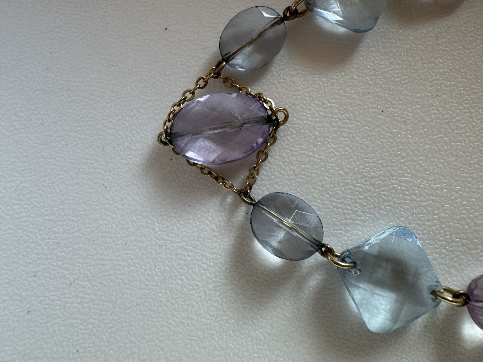 Vintage Light Purple And Blue Acrylic Pendants On Gold Tone Multi Strand Chain