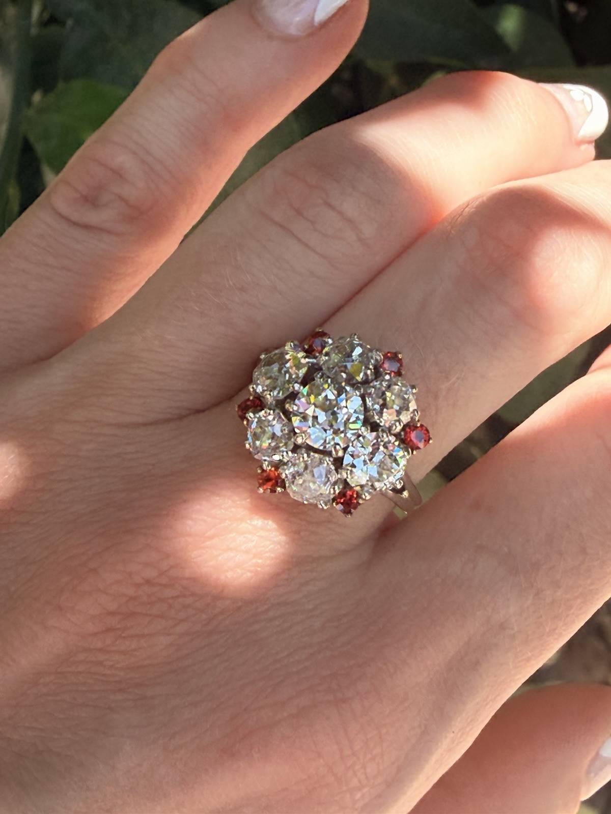 Rare Edwardian 4.43ct Old European Mine Cut Diamond Orange Sapphire Cluster Ring