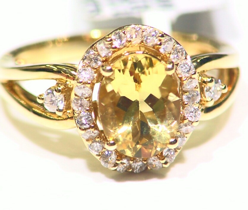 1.78CT 14K Gold Natural Yellow Beryl White Diamond Vintage Engagement Ring Halo