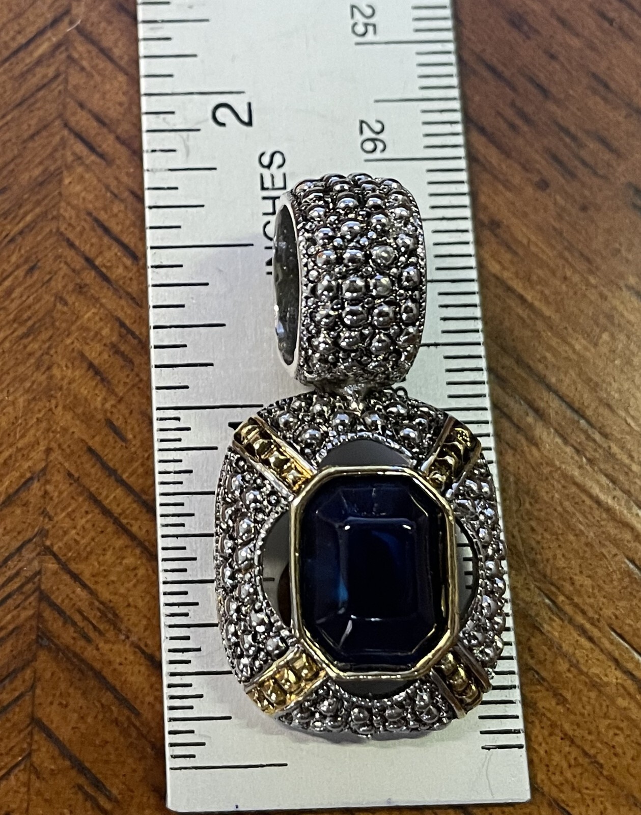 Emerald Cut Blue/Purple Glass Stone Pendant, Two Tone Metal, Elegant EUC