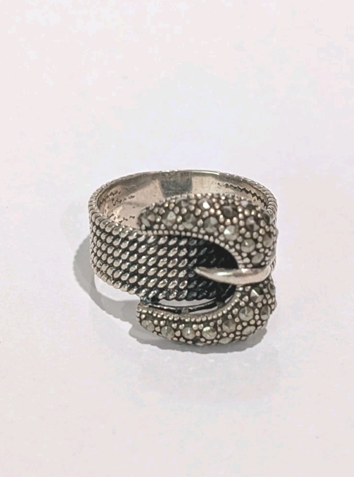 Vtg Designer Signed DBJ Sterling Silver Marcasite Belt Buckle Size 8.75 Ring