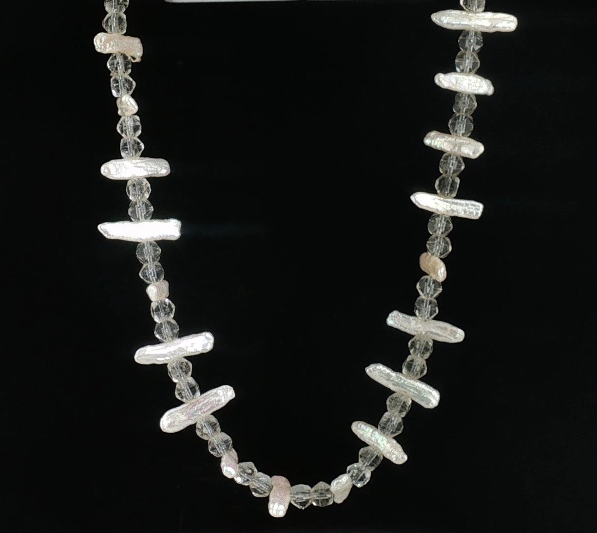 Vintage Baroque Pearl & Crystal Bead Necklace Hand Knotted Hook Clasp