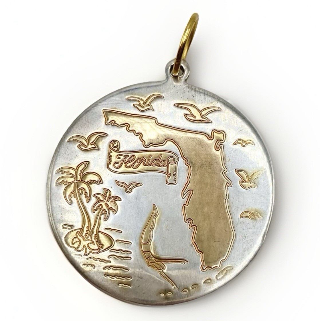 Florida Charm Pendant Silver Plate Brass 14K Gold Accent Dad 70s Souvenir Medal