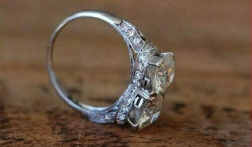 Two Stone 3.00CTW White Round Simulated Diamond Art Deco Wedding 925 Silver Ring