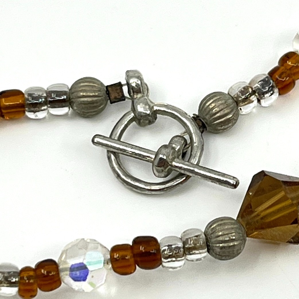 Vintage Amber Tone Crystal Beaded Necklace with AB Iridescent Accents Toggle