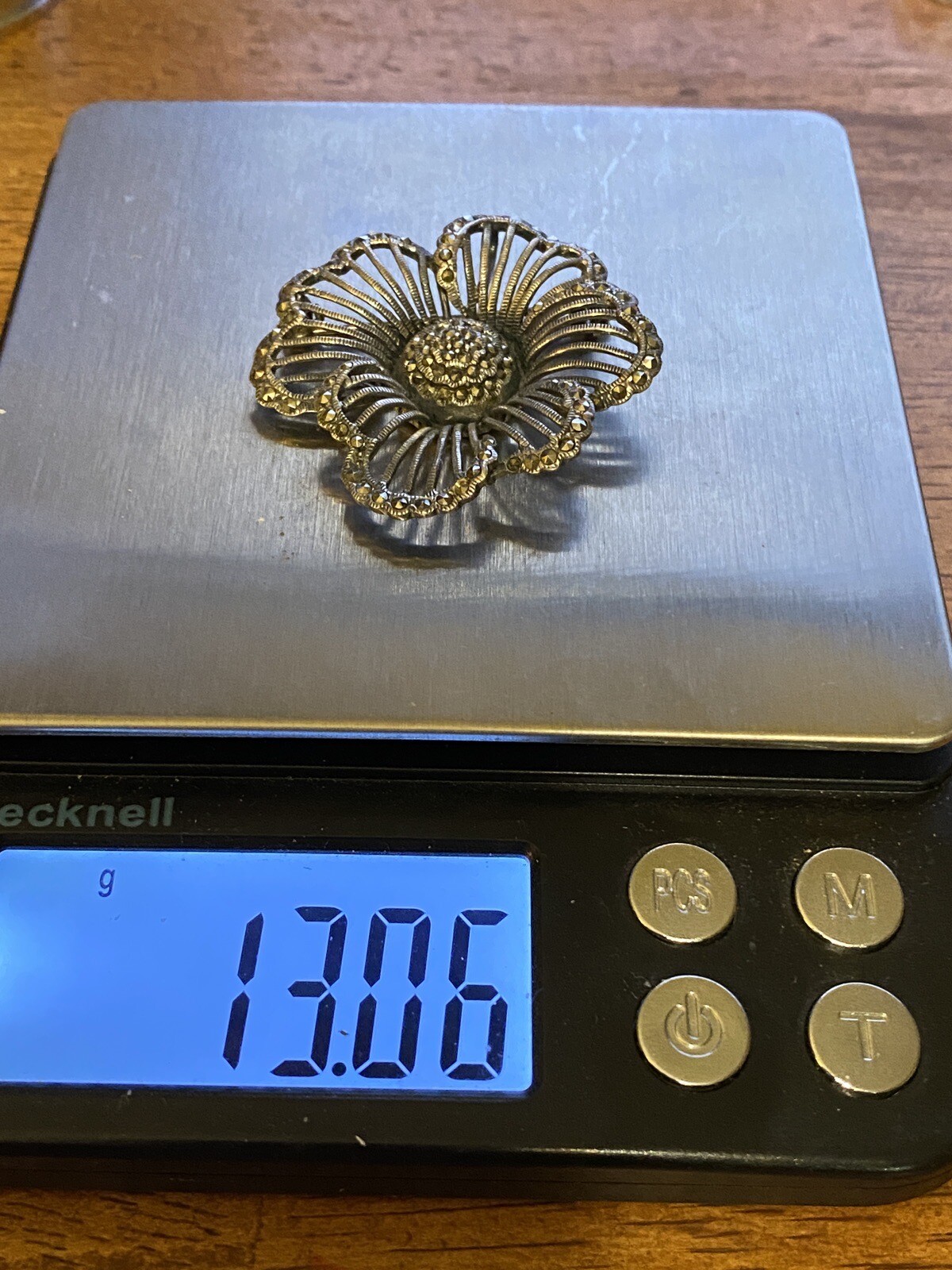 Vintage 925 Silver DBJ Pin Brooch Art Deco Marcasite 1.5″ Flower