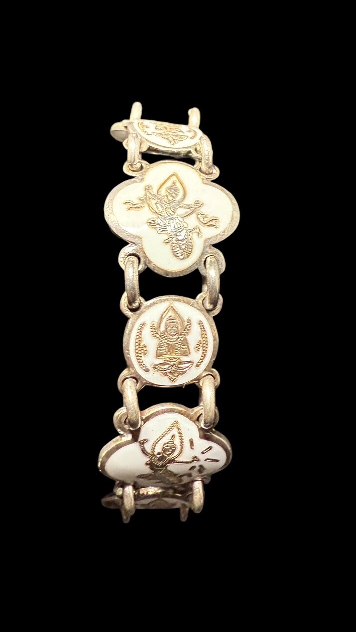Vintage Sterling Silver Siam Dancers And Elephant Link Bracelet 7.25 in