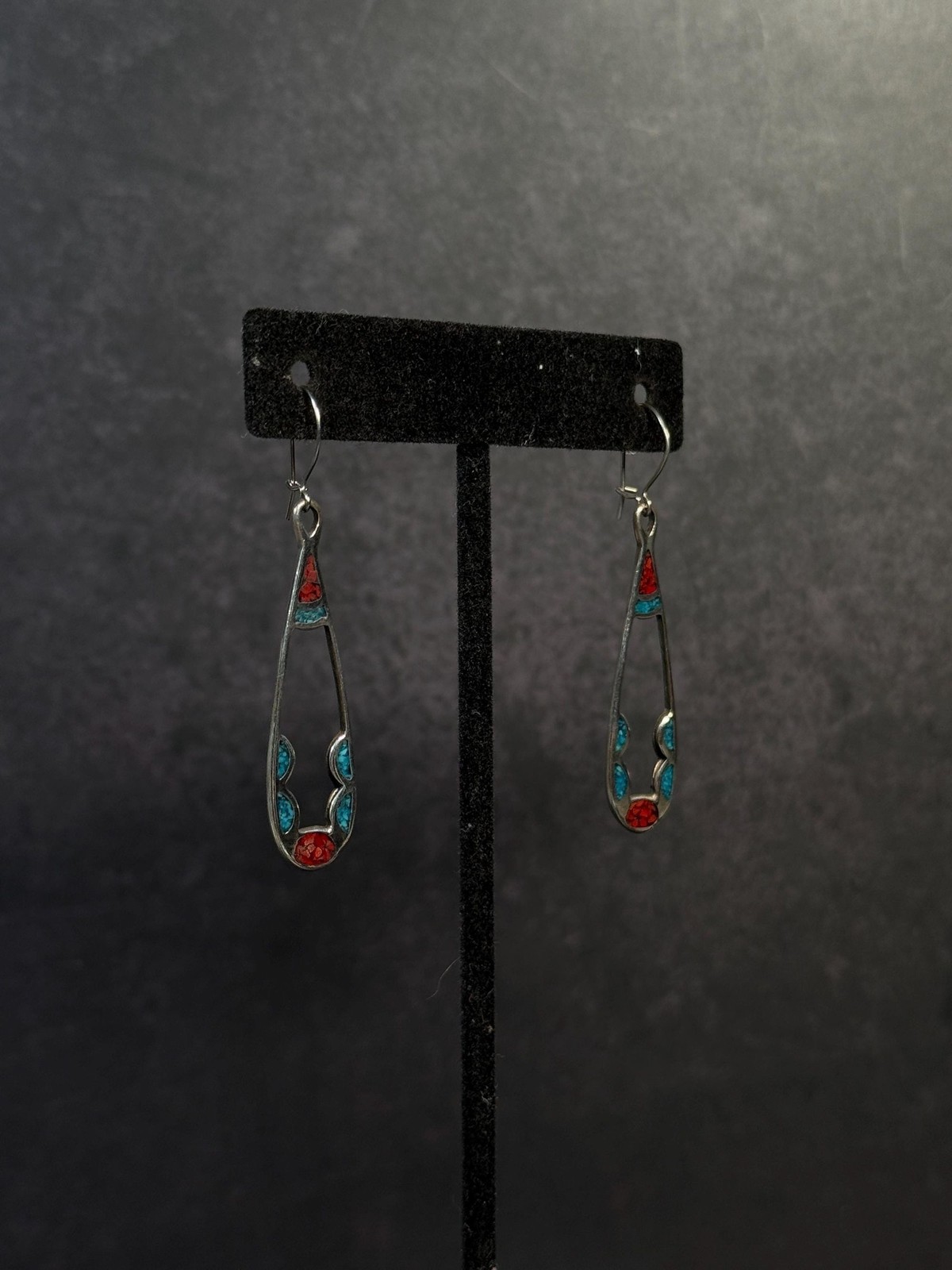 Southwestern Sterling Silver Turquoise Coral Inlay Drop Earrings