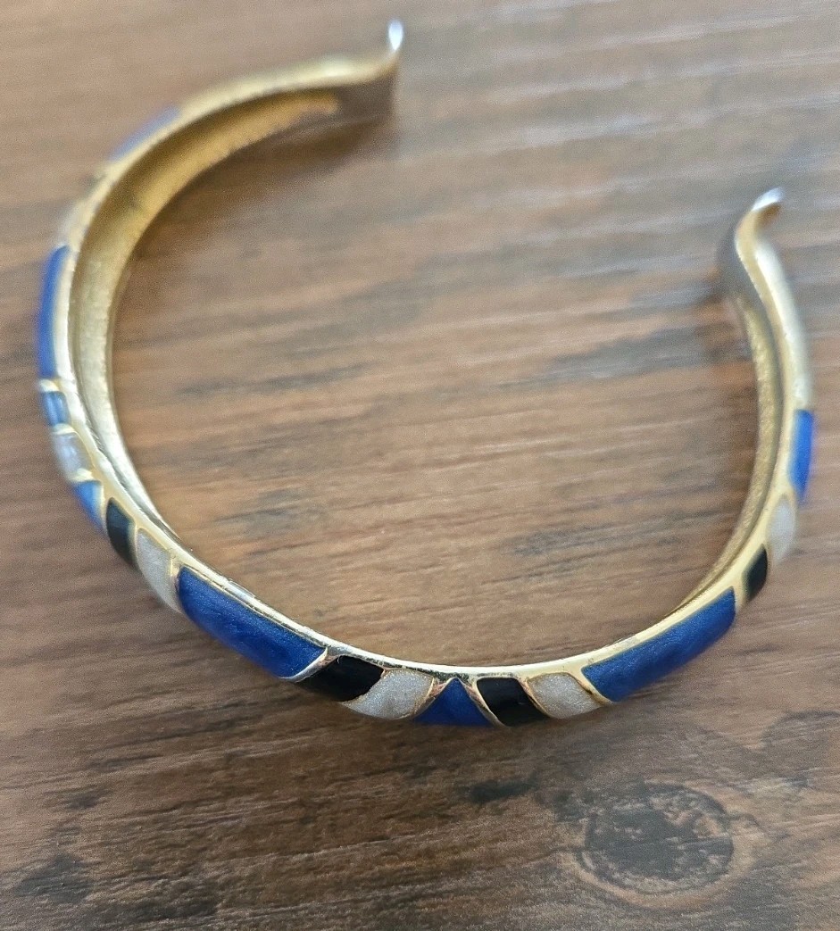 Vintage 1980s Orena Paris Cuff Bracelet Gold Tone W/Blue/Navy/Cream Enamel