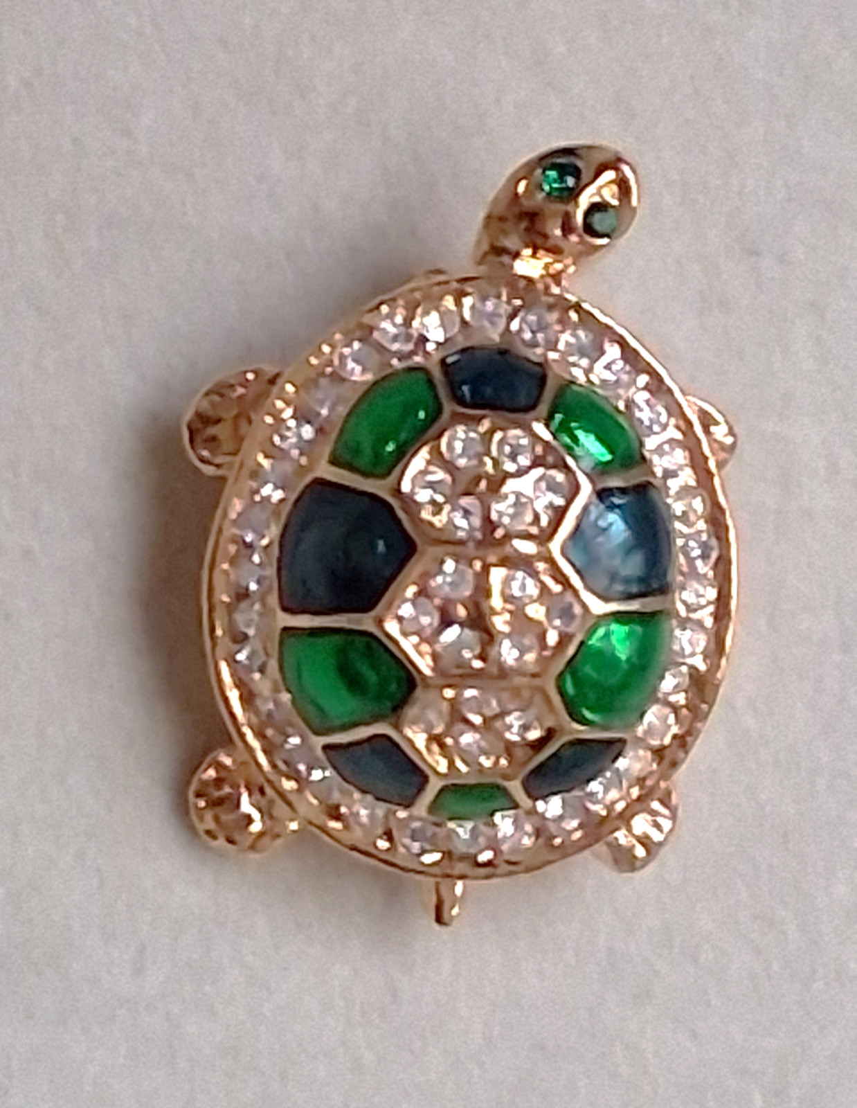Vintage Turtle Brooch with green & blue enamel, & clear rhinestones (by Roman)