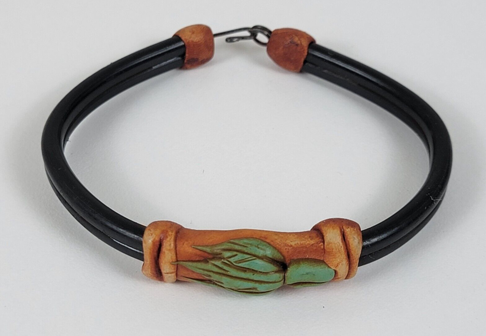 Vintage 70’s Southweat Ceramic And Leather Cuff Bracelet Hook Clasp 7.25 In