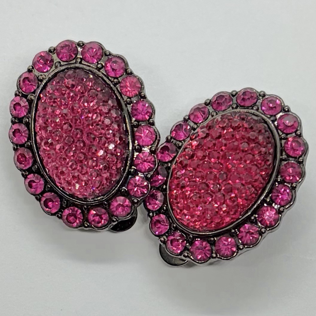 Vtg Raspberry Pink Druzy Rhinestone Gunmetal Statement Earrings Oval Huggie Clip