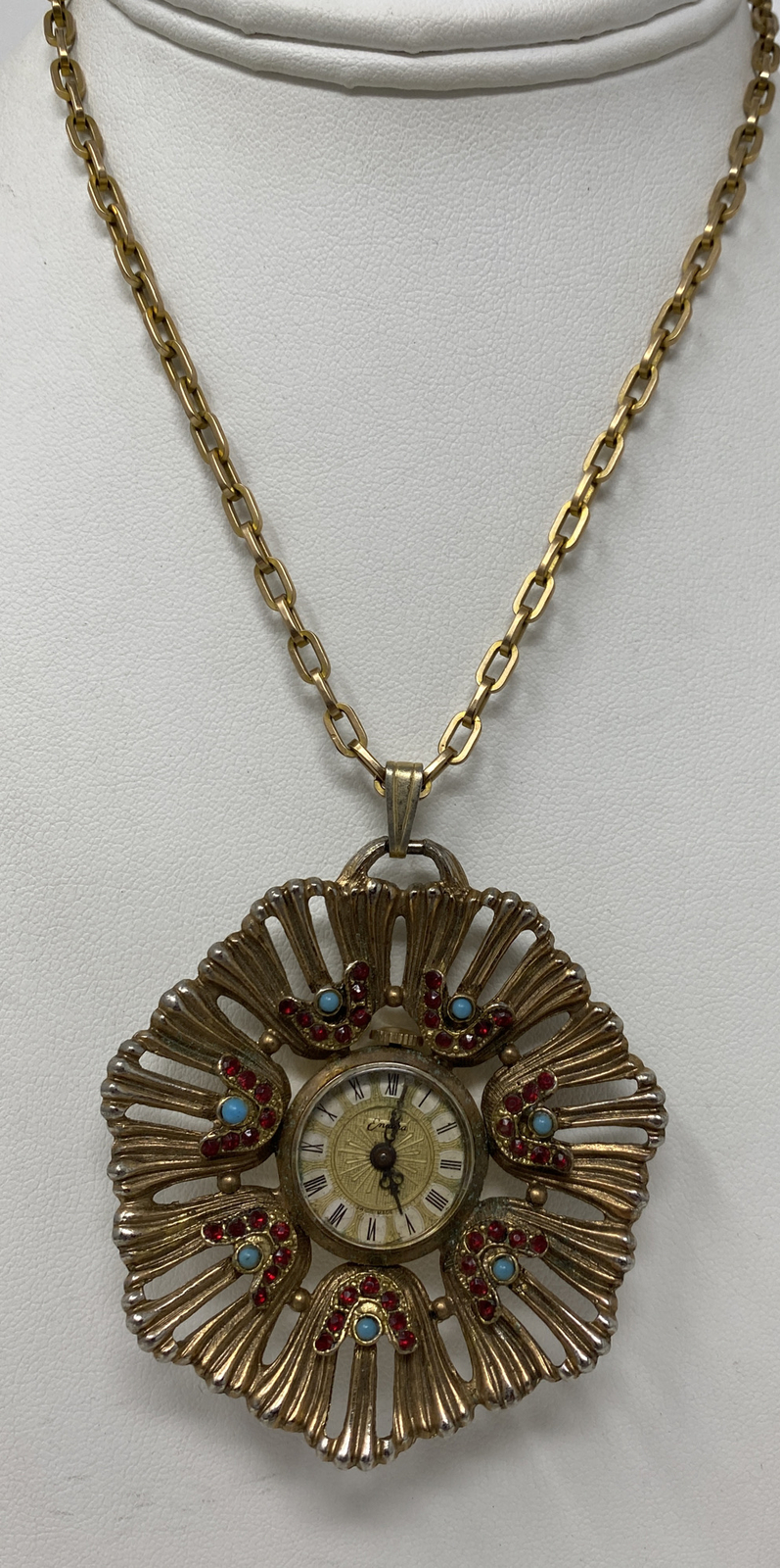 Fabulous Vintage Endura Rhinestone Faux Turquoise Ruby Pendant Watch Necklace