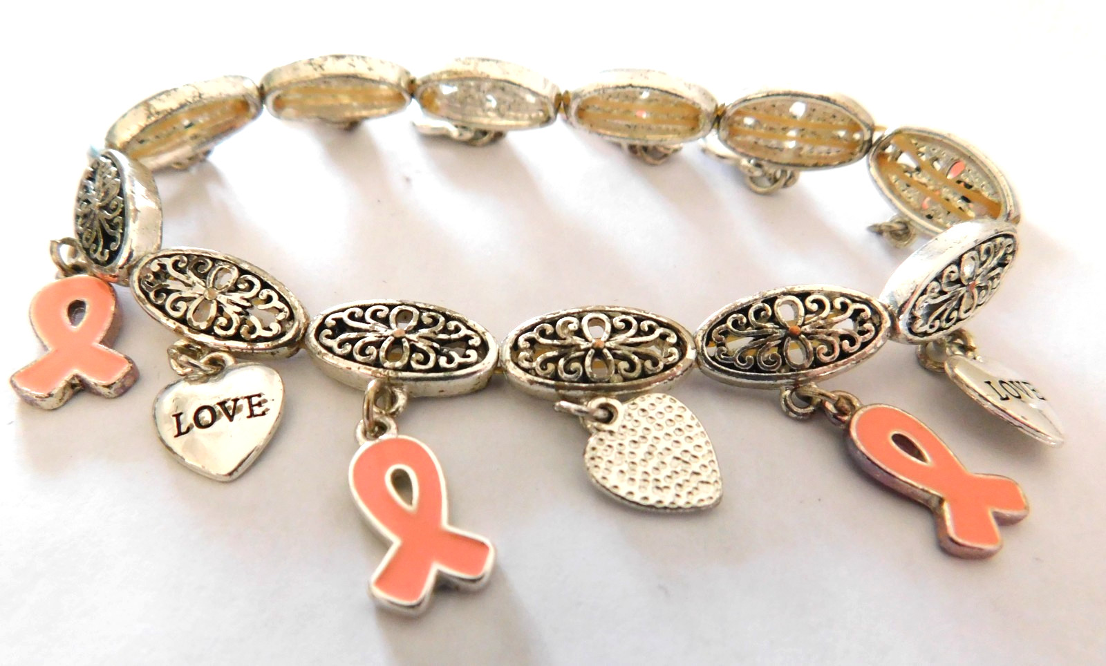 Breast Cancer Awareness Pink Ribbon Silvertone Charm Bracelet