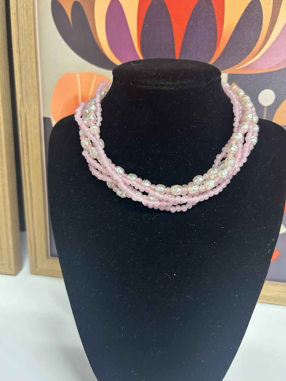 Miriam Haskell Pink Glass Bead And Faux Pearl Necklace/choker