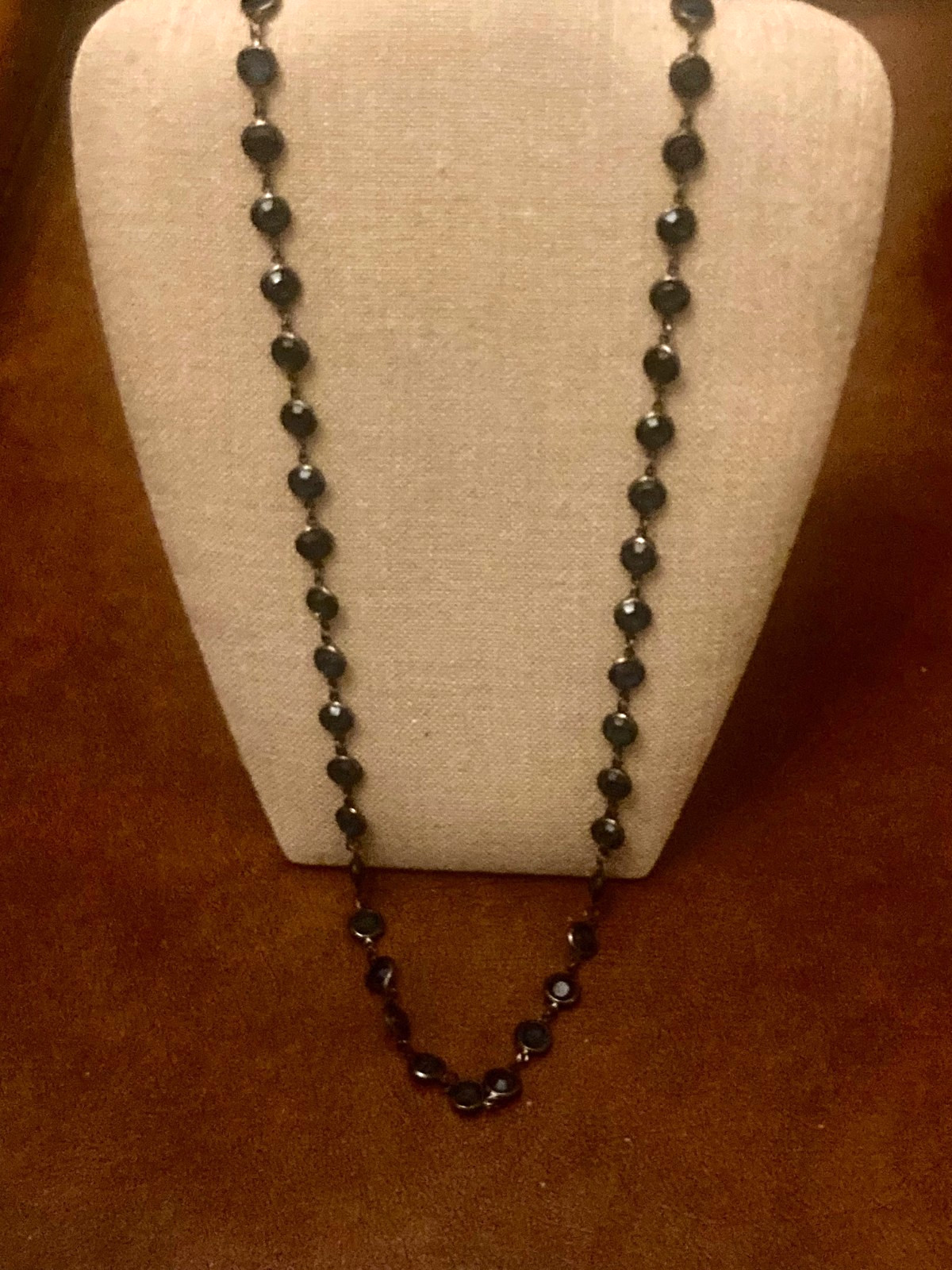 VTG Blue Faceted Crystal Glass Open Back Bezel Set Necklace 41″ Flapper Layer