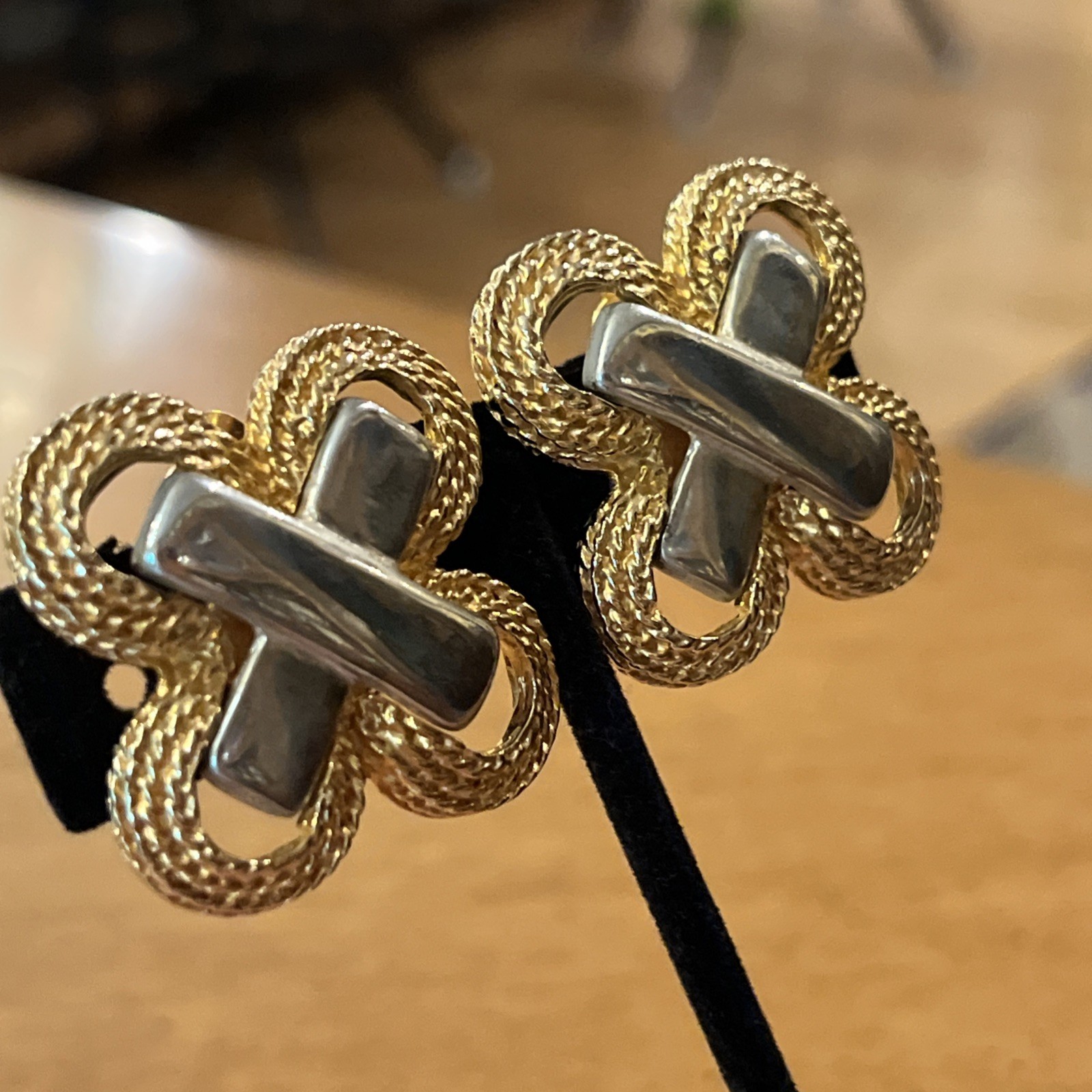 Vintage Gay Boyer Two Tone Gold Silver Braided Statement Clip On Earrings 1980s
