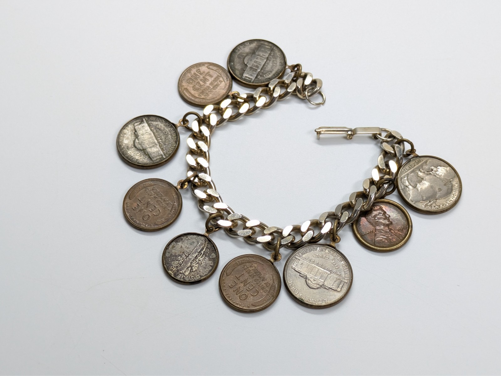 Real Coin Charm Bracelet 25 30s 40s 50s Nickel Wheat Penny Buffalo Mercury Dime