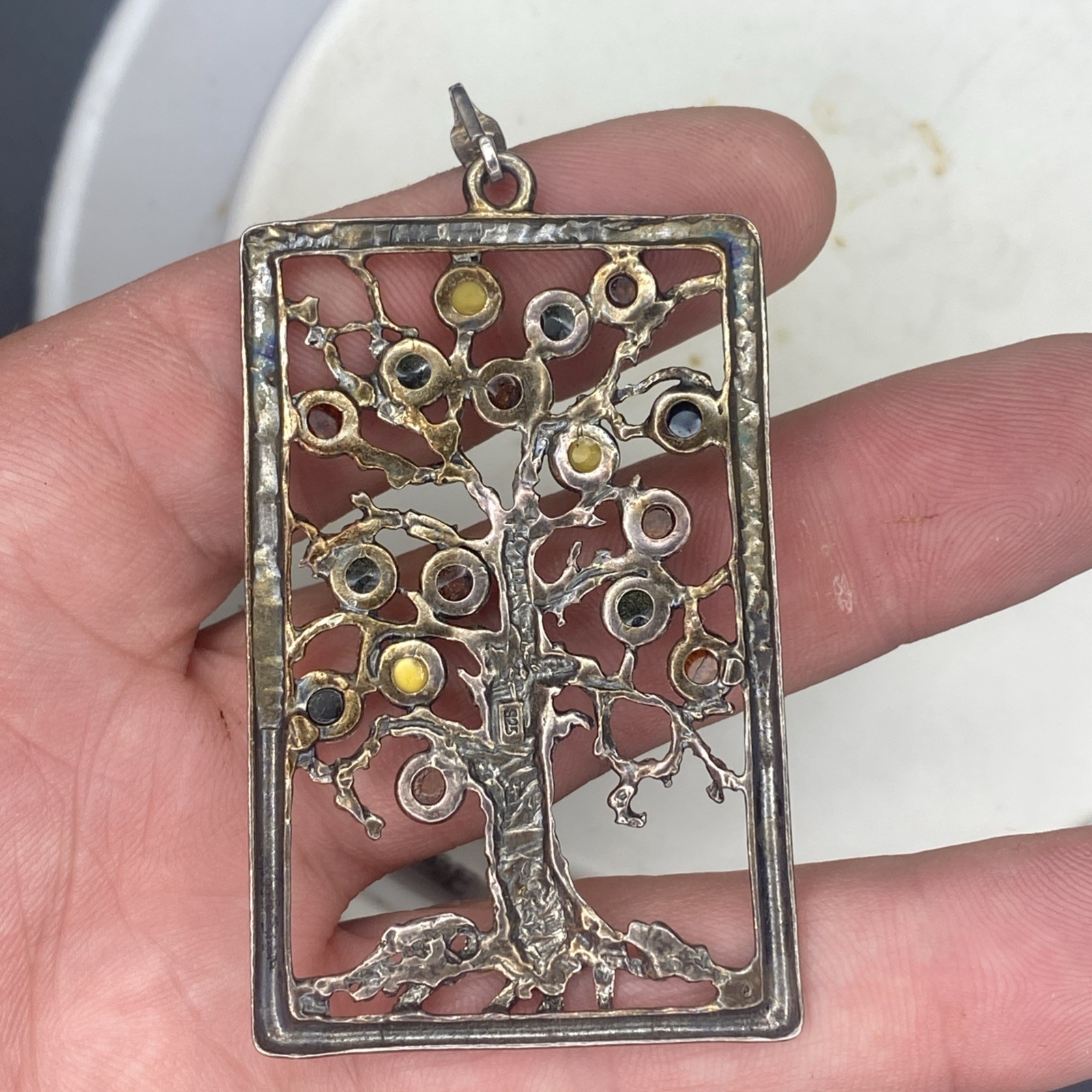 Large 2.5” 925 Sterling Silver Genuine Baltic Amber Tree of Life Pendant Vintage