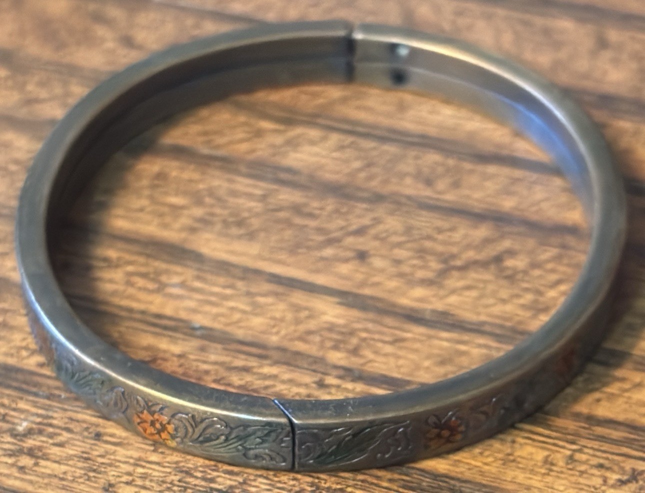 Antique Vintage Circa 1920-1930’s Portrait Tin and Floral Hinged Bangle Bracelet