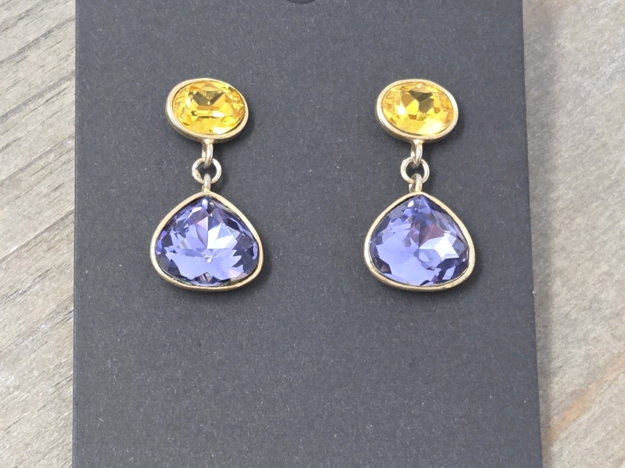 Purple & Yellow Crystal Dangle Drop Earrings Vintage Teardrop Unsigned .9″