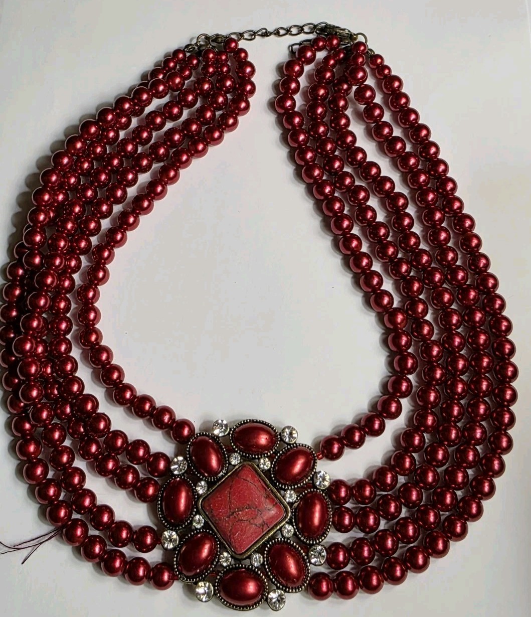 5 Strand Red Beaded Statement Necklace W/ Rhinestone Accent Adjustable