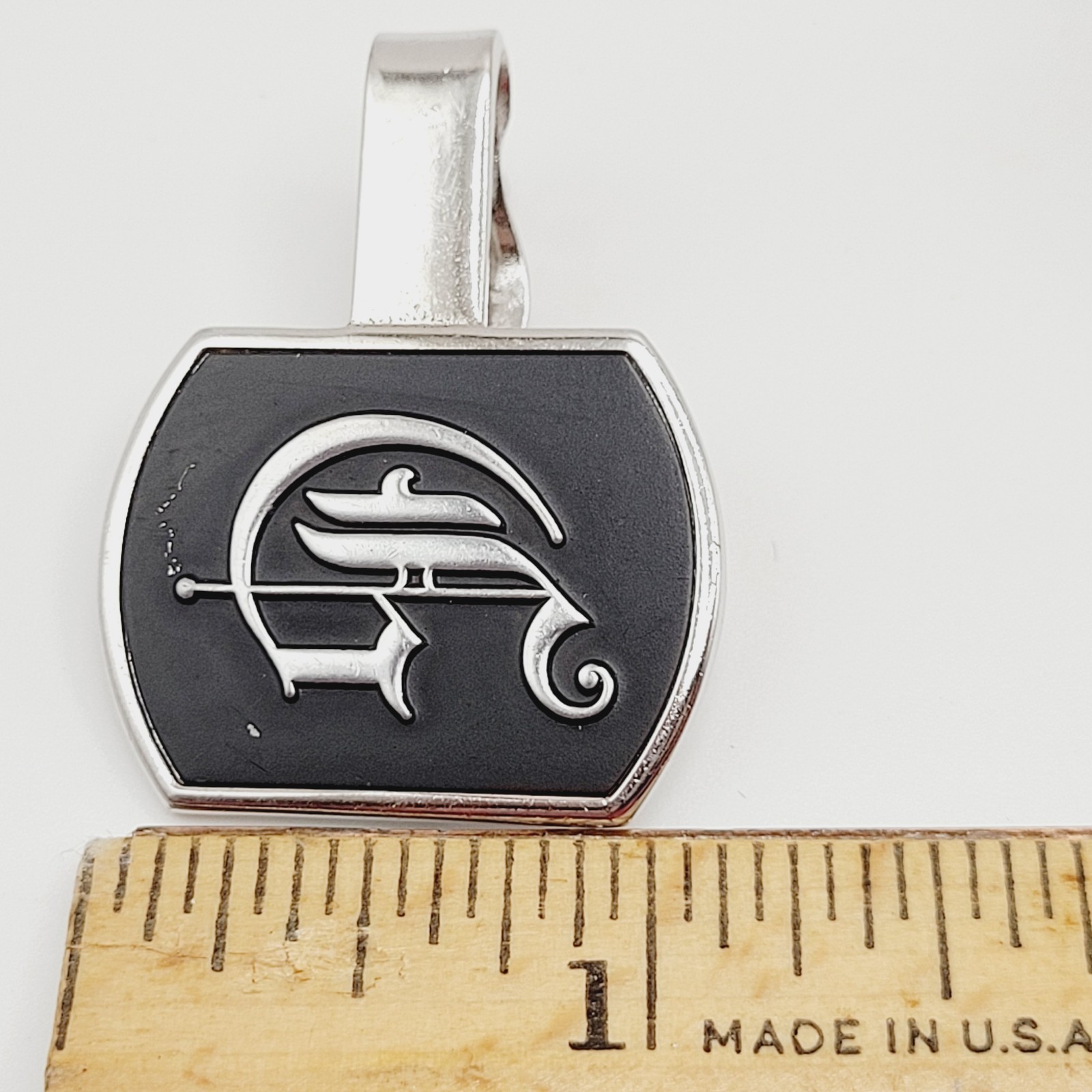 G Letter Old English Script Silver Tone Black Enamel SWANK Tie Clip Clasp