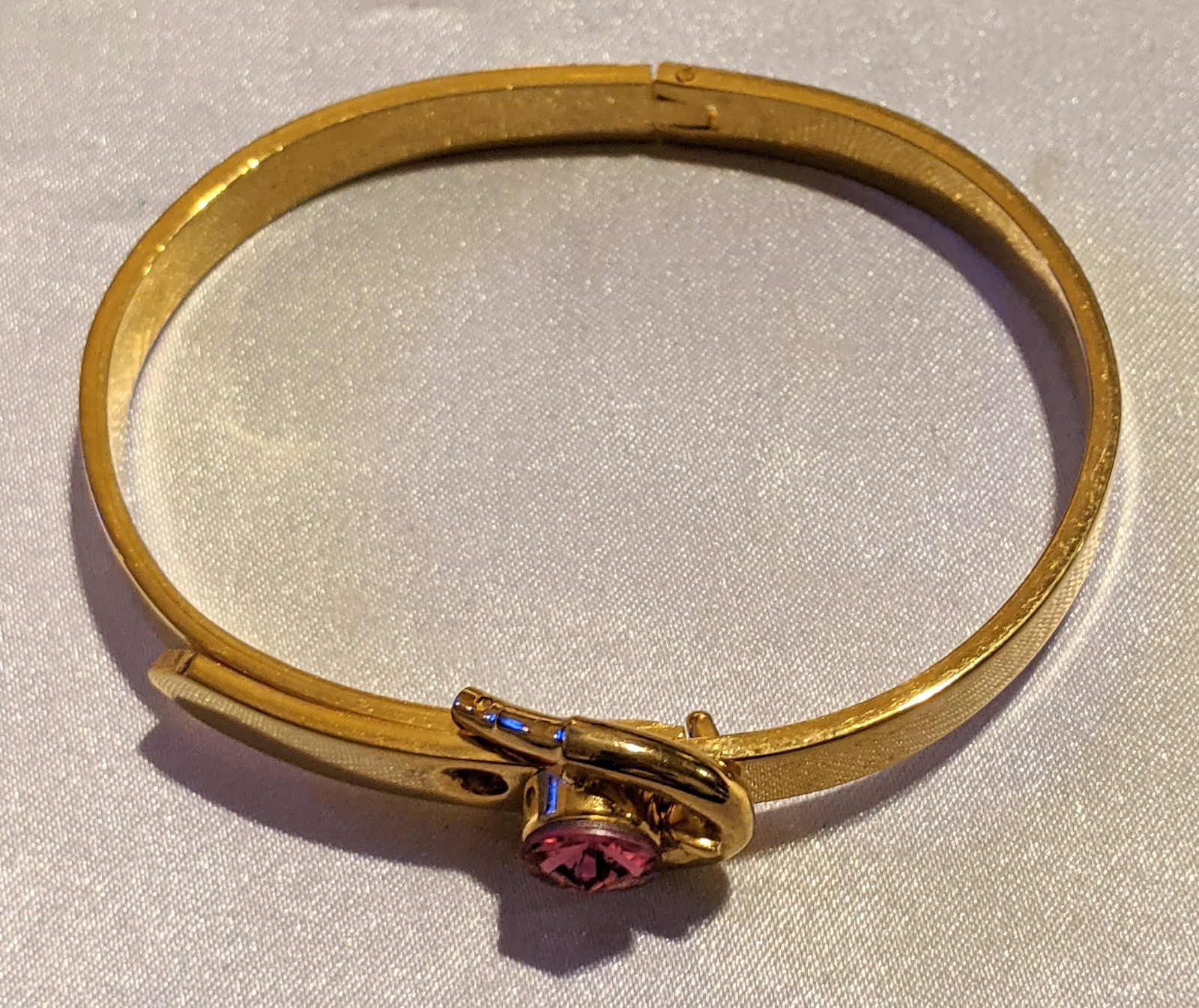 VTG 80s Hinged Bangle Bracelet Pink Crystal Buckle Adjustable Gold Tone Metal