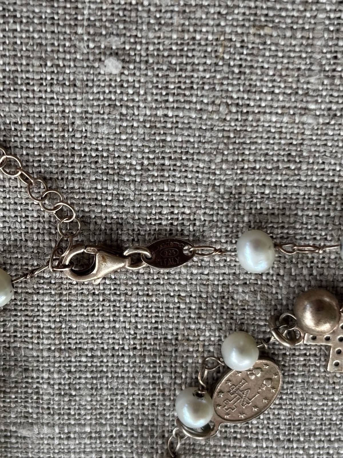 Vintage Dyadema Italy 925 Rosary Bracelet, Mary, Cross with Rhinestones 7″ to 8″