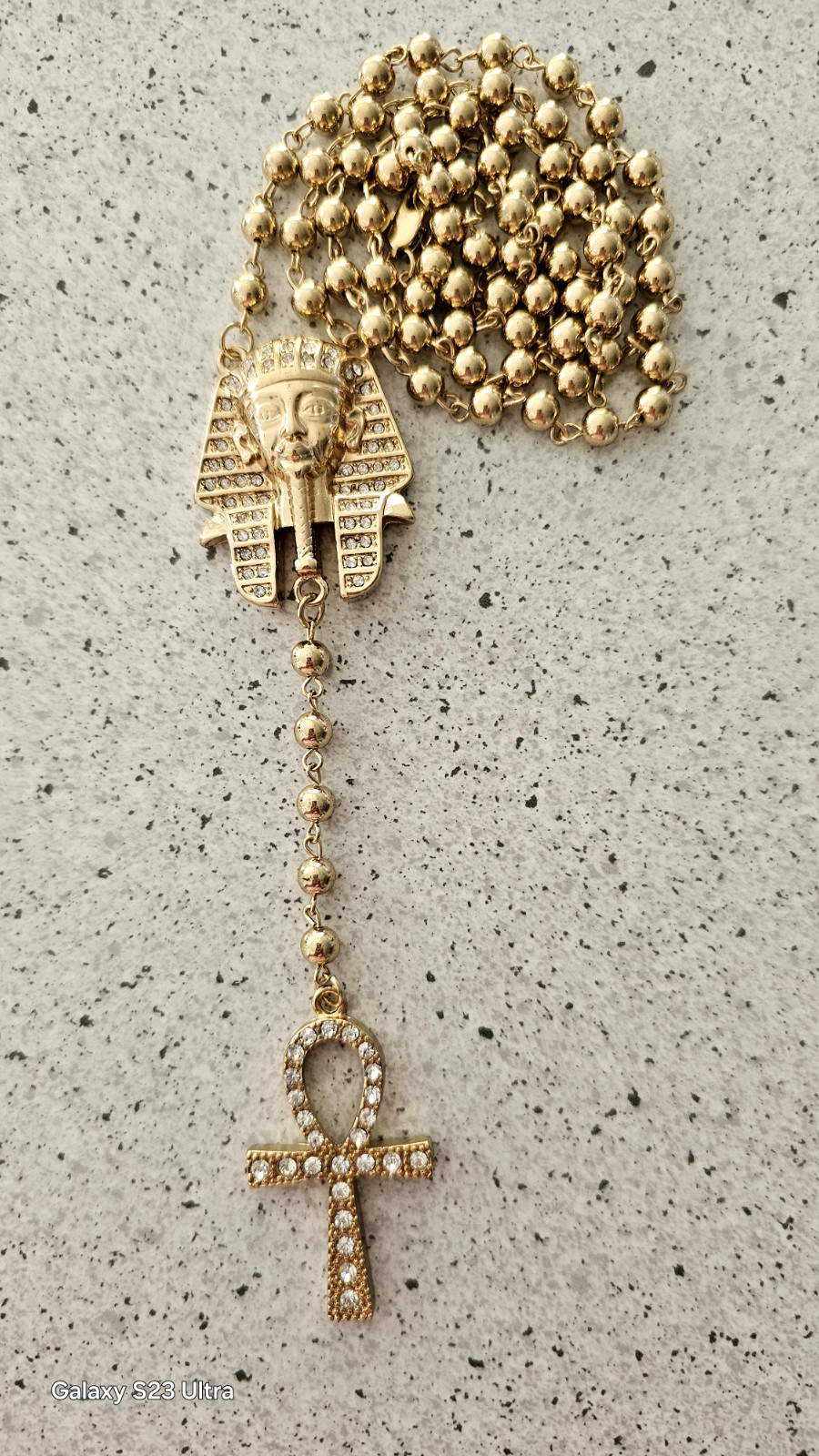 EGYPTIAN PHARAOH King Tut ankh cross21” bead rosary hip hop necklace. NWOT