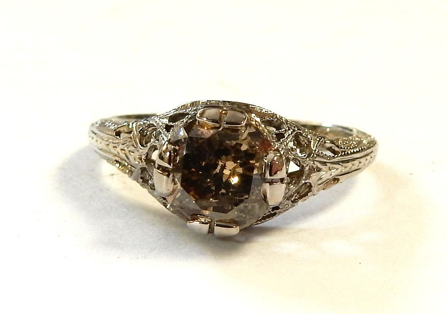 14K White Gold Filigree Ring 1.25Ct 7mm Round Champagne Diamond Solitaire