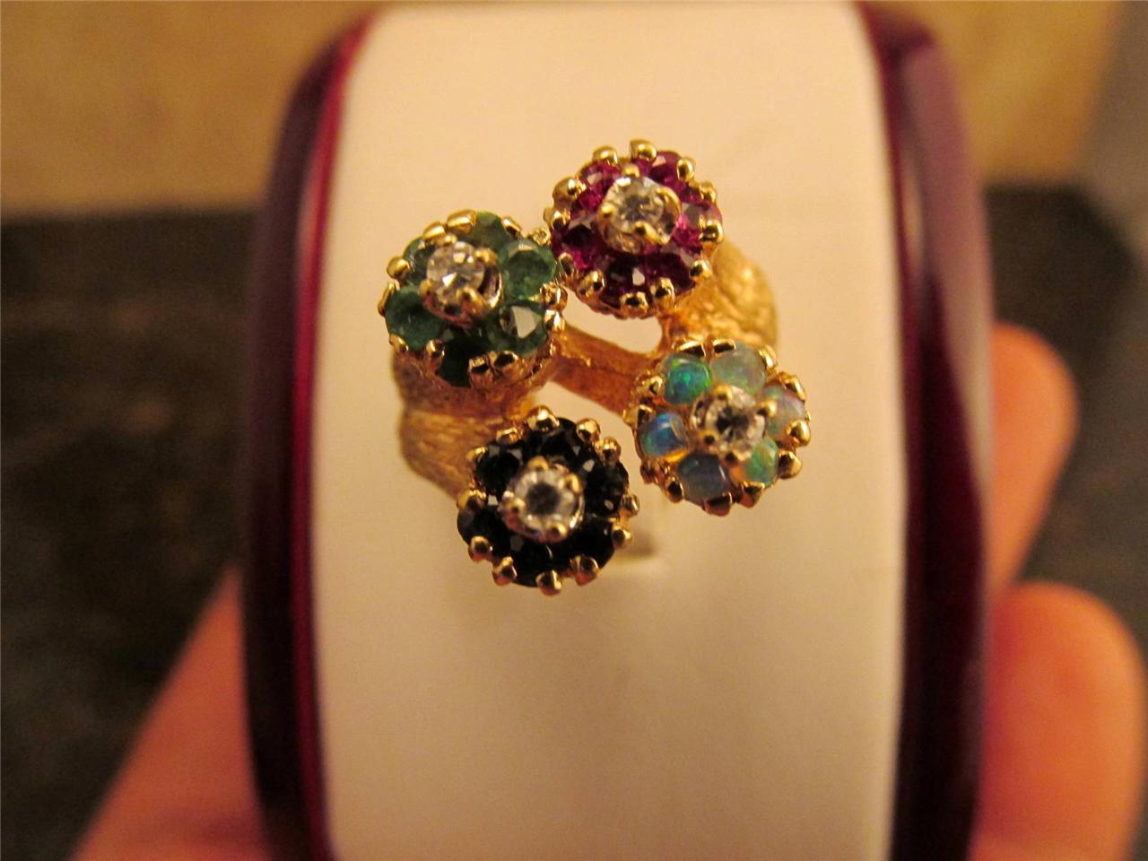 Vintage 14k Solid Gold Colorful Diamond Opal Emerald Sapphire Ruby Ring