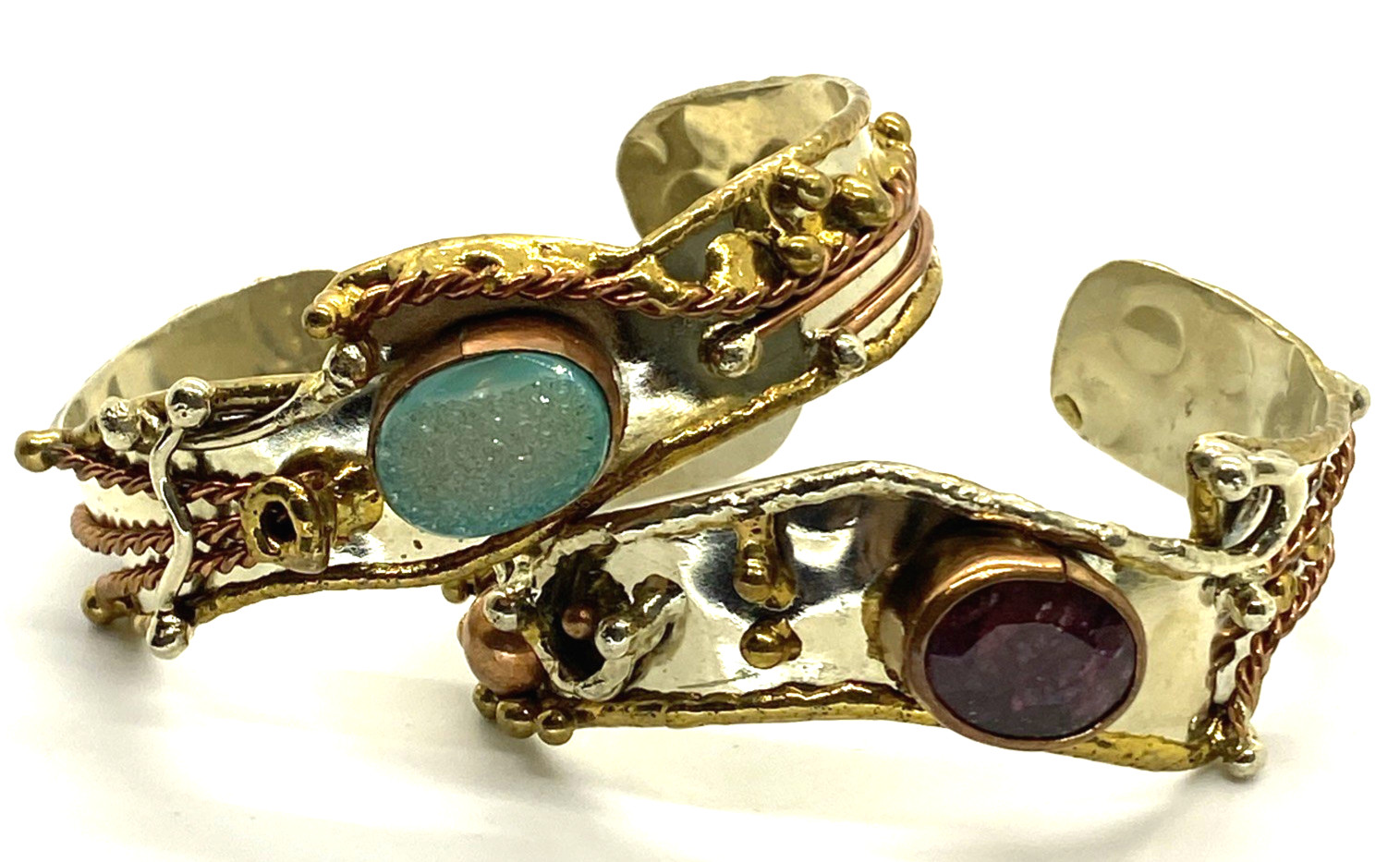 Lot 2 Artisan Brutalist 1″ Cuff Bracelets Silver-tone Brass Copper Natural Stone
