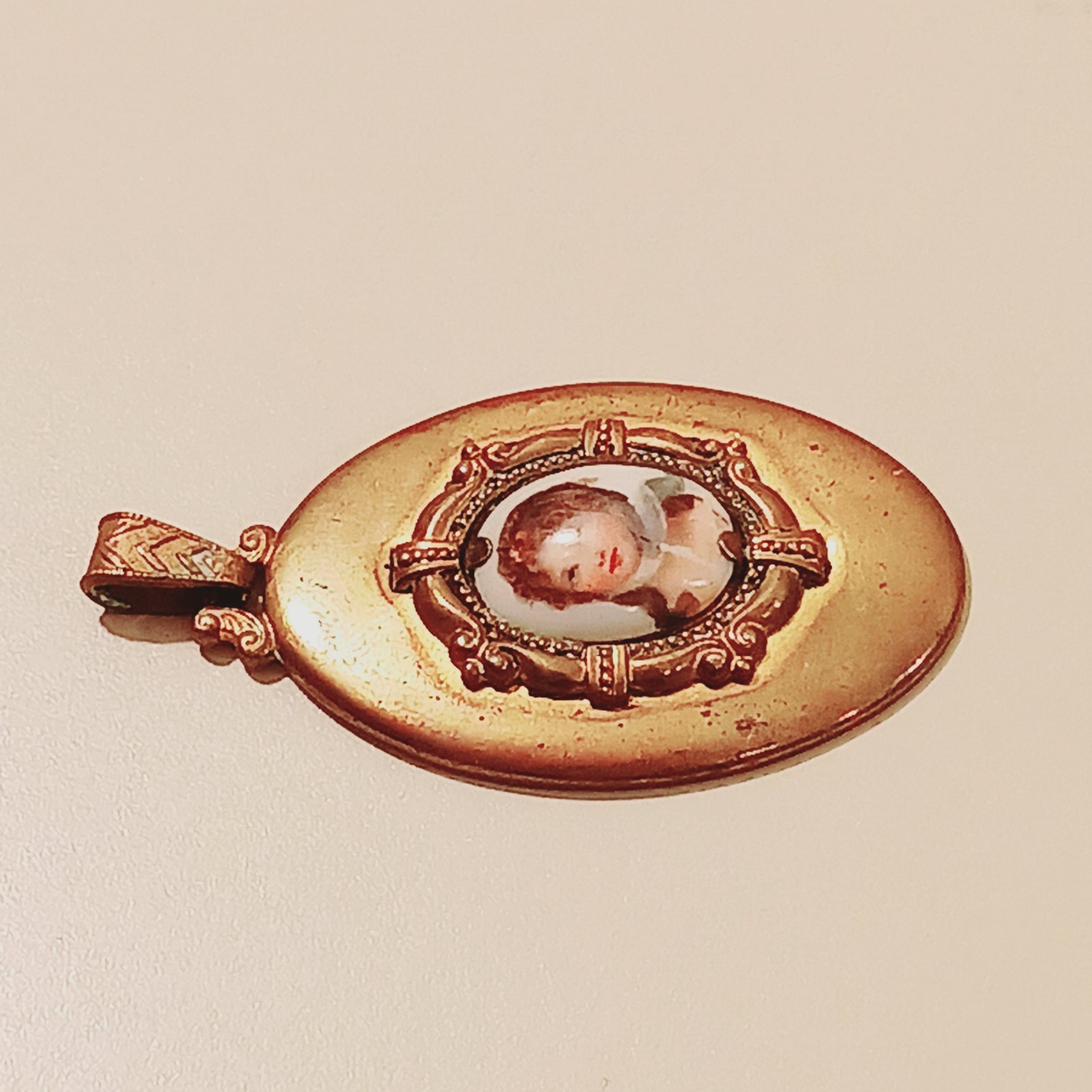 Antique Victorian Portrait Pendant Oval Gold Tone Jewelry Child Fine Art Estate